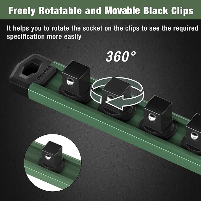 WORKPRO Magnetic Socket Organizer, 1/4-Inch Drive Aluminum Alloy Socket Rail, Heavy Duty Socket Holder, Socket Rack Kit 1/4-Inch x 12 Clips Green (Socket not Included)