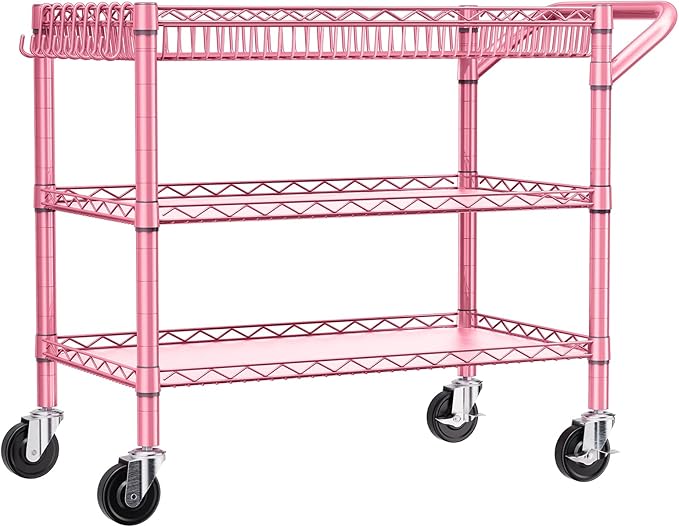 NTE Utility Cart with Wheels, 990lbs Capacity Metal 3 Tier Rolling Carts, NSF Kitchen Carts On Wheels with Storage, Heavy Duty Utility Cart with Handle & Wire Shelf for Indoor & Outdoor Use, Pink