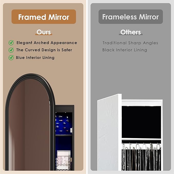 47in Tall Jewelry Cabinet Organizer, Arched Wall or Door Mounted Jewelry Armoire with Full-Length Mirror, 6 LEDS Lockable Hanging Mirror Cabinet with Storage, 2 Drawers, Women Girls Gifts,Black
