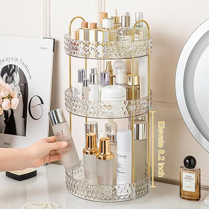 Rotating Makeup Organizer for Vanity, 3 Tier Perfume Skincare Storage for Women, Bathroom Counter Organizer, 360 Spinning Cosmetic Holder for Dresser Countertop, Clear