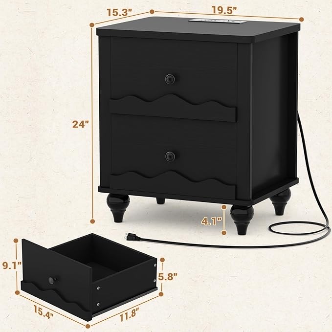 Cyclysio Nightstand Set of 2 with Charging Station, Side End Table with 2 Drawers, Modern Wood Night Stand Set 2 with Scalloped Pattern for Bedroom, Bedside Night Tables with Solid Wood Gourd Legs
