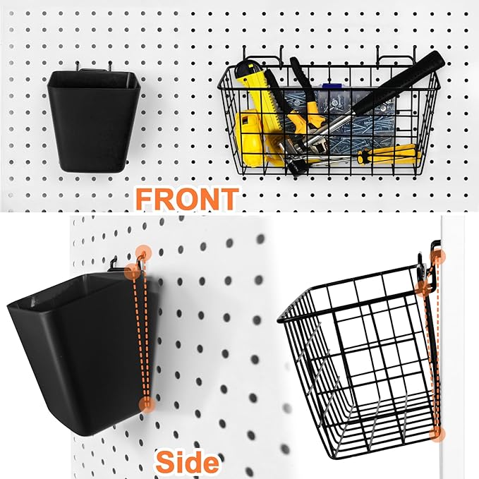 Pegboard Basket Organizers, Peg Board Large Baskets Hooks Bins Cups Tool Organizer 6 Pack Set, Wall Storage Display Hanging Accessories for Craft Office Stadio Shed Garage Organization (Black & Black)