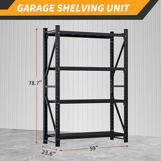 4800LBS Heavy Duty Shelving Units, 4 Tier Adjustable Metal Utility Shelf, 78.7" H Garage Storage Shelves Organization Rack for Industrial, Warehouse, Basement (Black, 23.6" D×59" W×78.7" H)