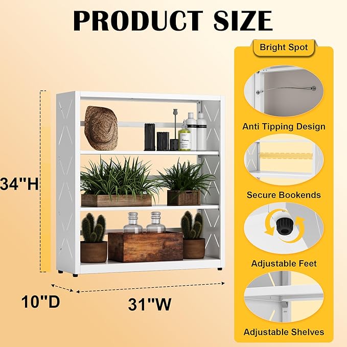 3 Tier Bookcase,Industrial Bookshelf,34" White Metal Wide Bookshelf with Adjustable Feet and Adjustable Shelves,Home Office Bookcase Shelf Storage Organizer for Living Room、Kitchen