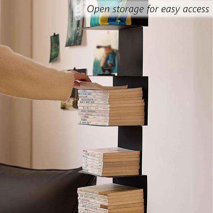 Invisible Vertical Spine Bookshelf Tower,Tall Narrow Metal Bookshelf for Small Space,Corner Floor Standing Book Organizers for Living Room, Office, Entryway(8 Tier, Black)