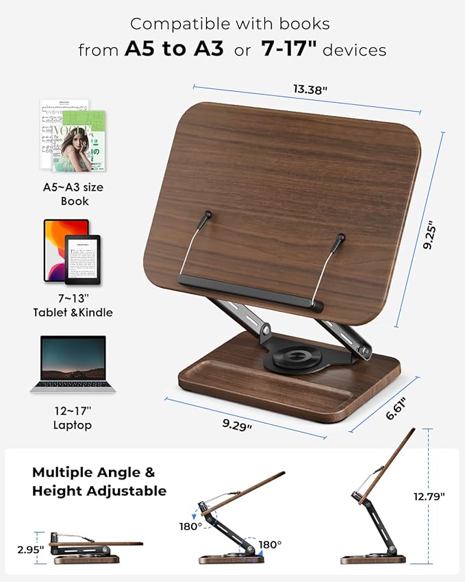 Viozon Book Stand for Reading, Book Holder 360° Rotating Base with Pen Slot, Foldable Reading Display Stand with Elastic Page Clips for Cookbook, Recipe, Textbook, Tablet, Laptop.