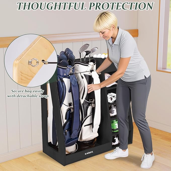 wingyz Wooden Golf Storage Organizer for Garage Fits 2 Bags for Any Level Golfer Great Gift, Golf Bag Rack Club Holder with 12-Ball Display Rack and 5 Shelves for Equipment Accessories