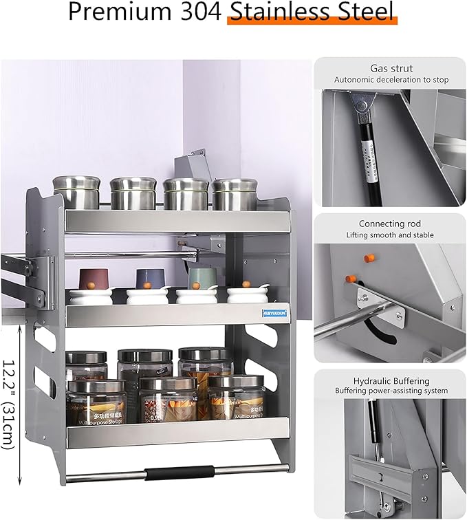 Heavy-Duty 3-Tier Pull Down Kitchen Shelf, Metal Dish & Spice Rack System for Upper Cabinets, Space-Saving Storage Solution, Easy Access Lifting Basket
