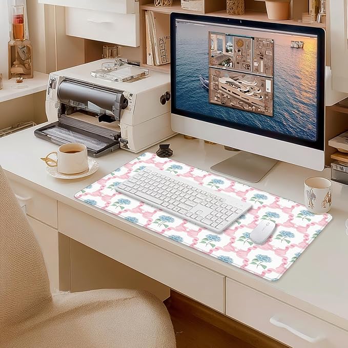 Blue Hydrangea Large Mouse Pad 31.5x15.7inch, Trendy Coquette Pink Bow Flower Aesthetic Large Extended Computer Desk Mat Mousepad for Keyboard and Mouse, Preppy Desk Accessories