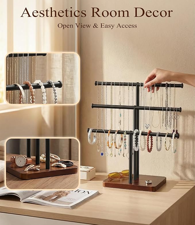 3 Tier Jewelry Holder Organizer, Bracelet Holder Display, Detachable T Bar Wood Jewelry Organizer, Jewelry Display Stand, Necklace Bracelet Holder for Earring, Watches, Rings, 2025 New - Brown