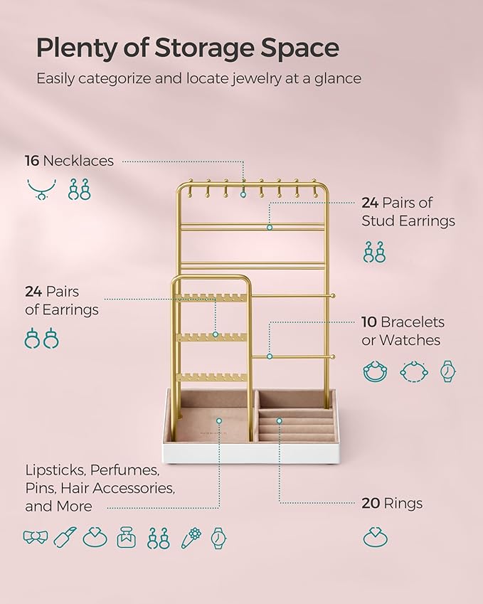 SONGMICS Jewelry Holder, Jewelry Organizer, Jewelry Display Stand with Metal Frame, Velvet Tray, Necklace Earring Bracelet Holder, for Studs, Rings, Christmas Gift, Pale Gold UJJS021A01