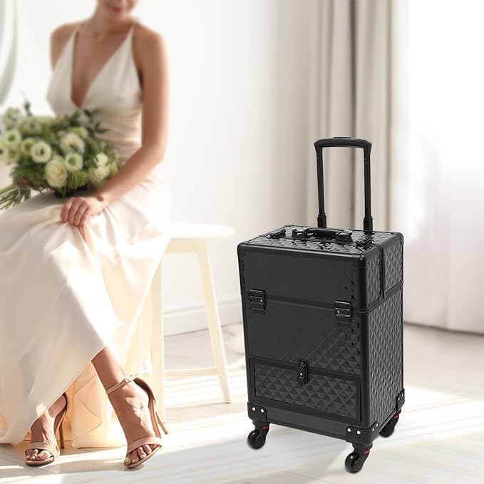 Rolling Makeup Train Case with Drawers, Portable Rolling Makeup Cart with Wheels, Black Cosmetology Storage Cart with 6 Compartments for Makeup Artists, Hairdressers, Pet Groomers