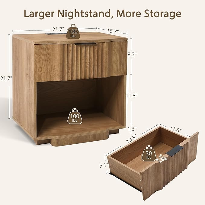 Yechen Fluted Nightstands Set of 2 with 20W Fast Charging Station - Large Wood Night Stands with Drawer & Shelf, Modern Wide Bedside End Tables for Bedroom with Curved Profile Base, Natural Oak