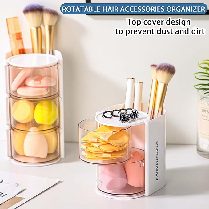 Hair Accessories Organizer with Hair Brush Holder, Rotatable Makeup Brush Holder for Necklaces, Earring, Bracelet, Ring, Makeup Brushes, Hair Clip and Hair Accessories (White, 2-Layer)
