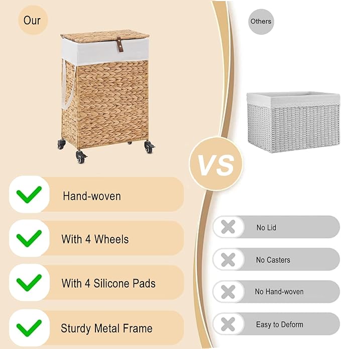 Rolling Laundry Hamper with Lid and Wheels, Slim Laundry Basket with Removable Liner Bag & 2 Mesh Bags, Handwoven Water Hyacinth Clothes Hamper for Bedroom Bathroom (Natural, 50L)