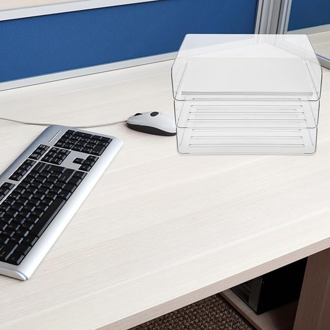 Stackable Paper Tray Organizer for Desk Wide Letter File Holder Transparent Desktop Storage Rack for Office Documents Mail and Stationery Management