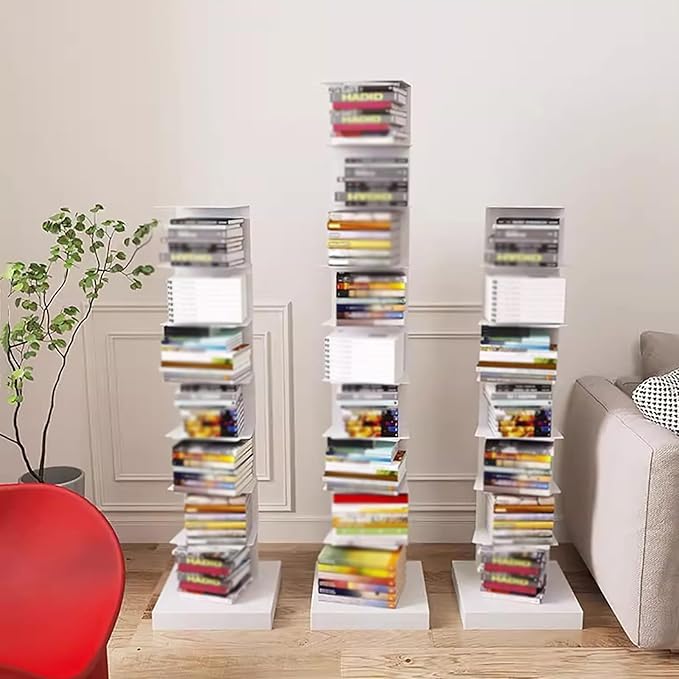 Invisible Vertical Spine Bookshelf Tower,Tall Narrow Metal Bookshelf for Small Space,Corner Floor Standing Book Organizers for Living Room, Office, Entryway(6 Tier, White)