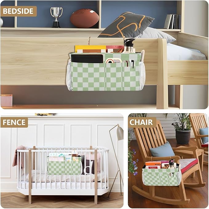 Checkered Mint Green and White Bedside Caddy for Dorm Bed Bedside Hanging Caddy Bag Iron Frame Storage Organizer Pocket for Bunk Home College Hospital Beds 2 Hooks