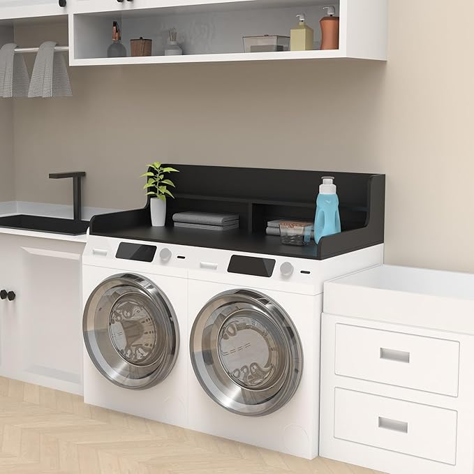 2-Tier Washer Dryer Countertop, Wood Laundry Countertop with Edge, 54" x 27.5" Top Cover for Laundry Machine, Washer and Dryer Wood Shelf Topper for Laundry Room Counter Storage Organization, Black