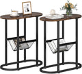 Tangkula Oval Narrow Side Table, 2-Tier End Table w/Mesh Magazine Rack, Steel Frame, Industrial Nightstand, Compact Sofa Bedside Table for Living Room Bedroom, Rustic Brown & Black