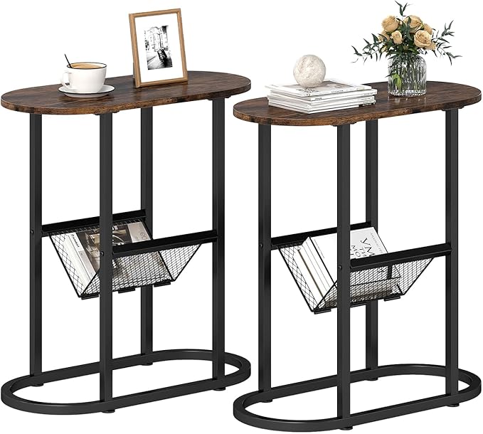Tangkula Oval Narrow Side Table, 2-Tier End Table w/Mesh Magazine Rack, Steel Frame, Industrial Nightstand, Compact Sofa Bedside Table for Living Room Bedroom, Rustic Brown & Black