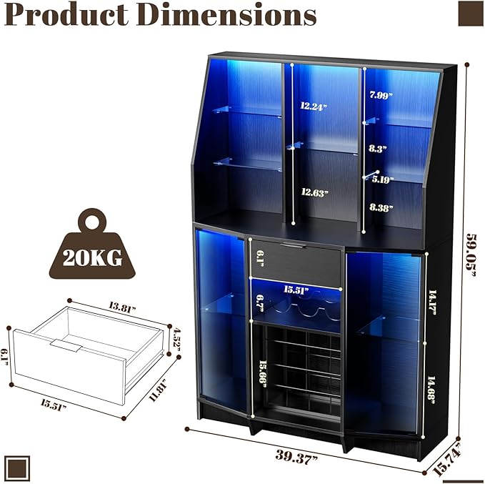 59.05" Wine Bar Cabinet W/ LED Lights & Tempered Glass Door, Home Bar Liquor Storage Cabinet With 16 Grid Wine Glass Rack & Adjustable Shelves,Coffee Cabinet with Drawer for Living Room, Dining Room