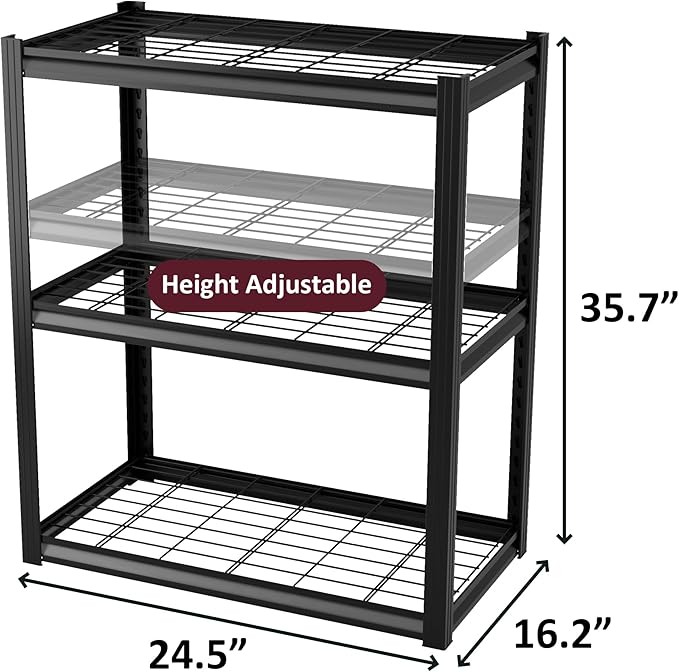 Garage Shelving Heavy Duty 3-Tier Storage Shelves Metal Shelving 2000LBS Garage Shelves Adjustable Metal Shelf for Kitchen Warehouse Pantry Closet,24" W x 16" D x 36" H