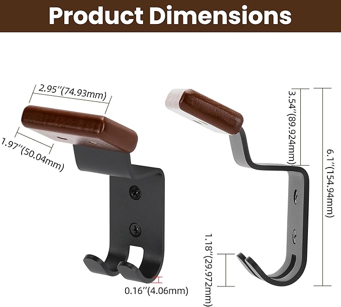 Motorcycle Helmet Holder Wall Mount - Solid Wood & Steel Gear Organizer Rack with 2 Hooks, Heavy Duty Display Hanger for Helmets, Football Gear, Ski Equipment, Hats, Jackets - 2 Pcs