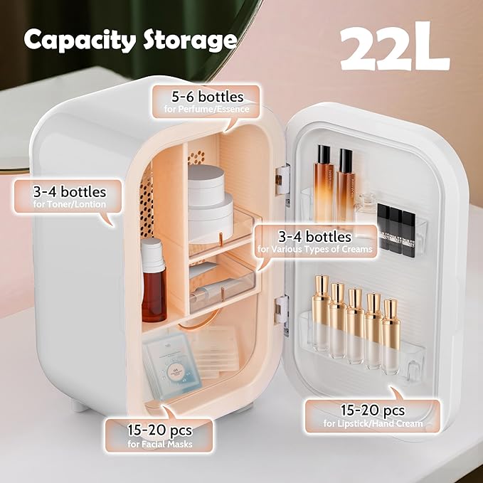 22L Mini Skincare Fridge with Mirror, Beauty Fridge for Cosmetic Storage, 44°F Intelligent Temperature Control, Personal Small Makeup Refrigerator for Bedroom, Dorm