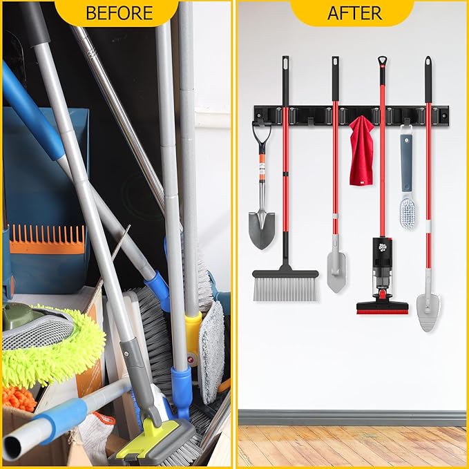 SLIIMU Movable 30'' Broom and Mop Holder Wall Mount with Sliding 7 Racks 8 Hooks, Storage Organizer Wall Hanger, Cleaning Tool Hanging Grippers for Kitchen Bathroom Garden Garage Laundry Home Closet