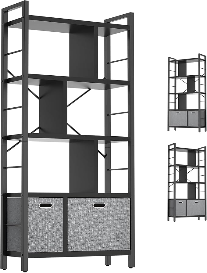 Armocity Bookshelf with Drawers - 5 Tier Tall Bookcase Geometric Modern Book Shelf Display Standing Bookshelves with Storage for Living Room, Bedroom Home Office, Black