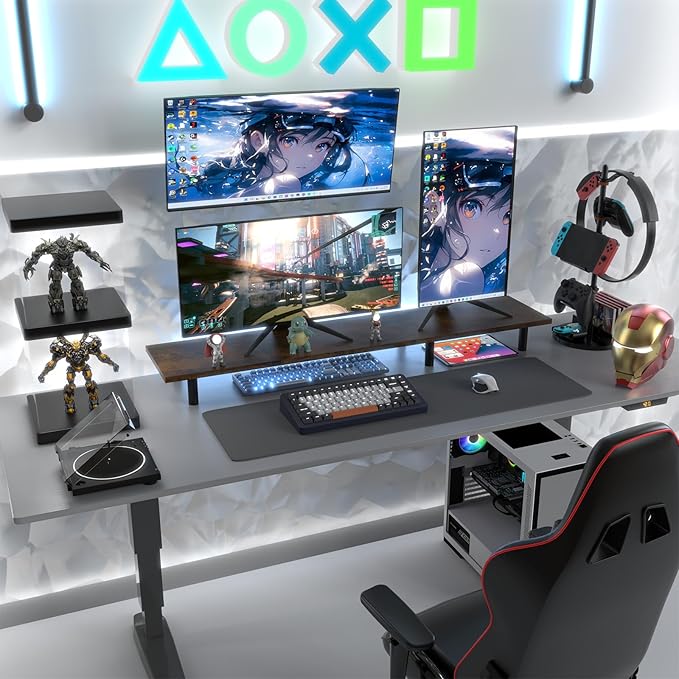 Large Dual Monitor Stand Riser 43.3IN，Vintage Home Office Storage For Desk Accessories，Solid Wod Desk With Adjustable Legs For computer/PC/Laptop/Printer/Container/dressing table
