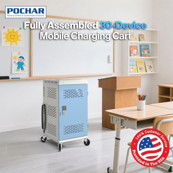 Fully Assembled 30 Unit Multi Device Charging Station for Chromebook, iPad, 14'' Laptop - Pre Built Computer Charging Cart with Charger Cable Management, Circuit Breaker, Grounding Protection (Gray)