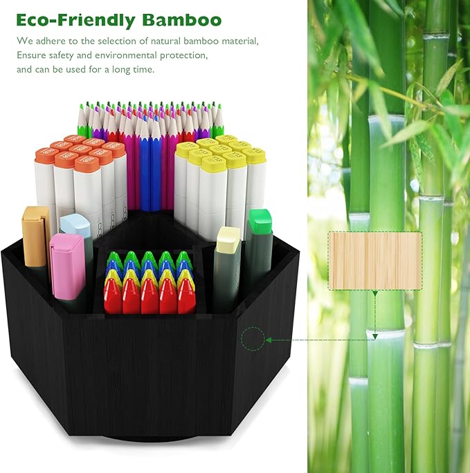 Houtingmaan Art Caddy Organizer for Kids, Bamboo Pencil Organizer with 7 Compartments, Pen Storage, Marker Holder, Desk Caddy, Black
