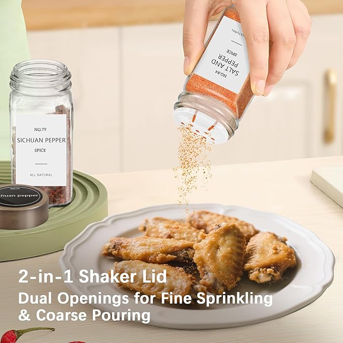 ZEHIQ 48Pcs Glass Spice Jars with Acacia Wood Lids, 4 oz Square Seasoning Containers with Labels, Seasoning Jars with Shaker Lids, Chalk Pen, Funnel, Cleaning Brush, Spice Bottles for Cabinet, Drawer