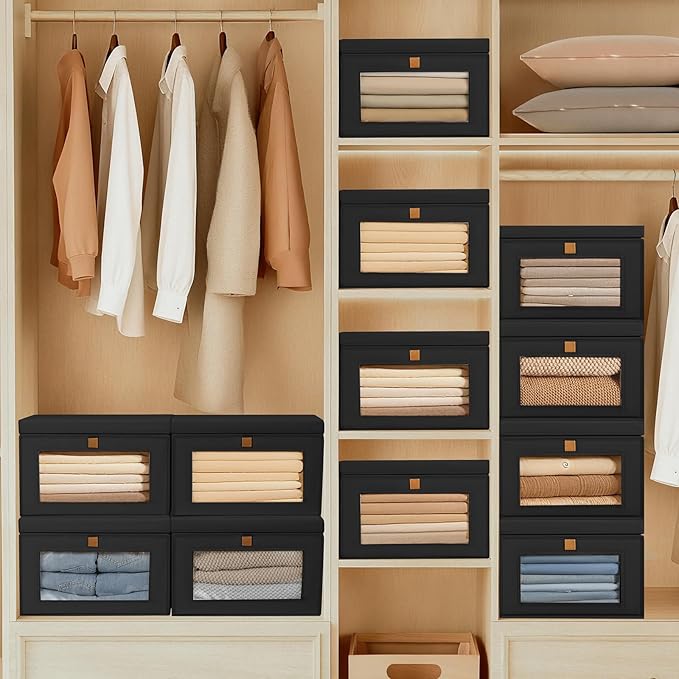 DIMJ Storage Bins with Lids - 6 Pack Large Fabric Closet Organizer with Window & Handles, Collapsible Decorative Storage Boxes for Shelves Under Bed, Books Clothes Blankets Sweaters Organization