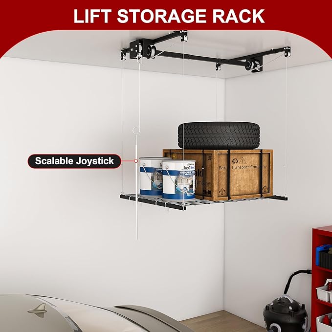 4x4FT Overhead Garage Storage Rack for High Ceilings 10-12 FT, Adjustable Garage Organization System, Heavy Duty Ceiling Storage Racks with Safety Lock,250LBS Capacity,Black