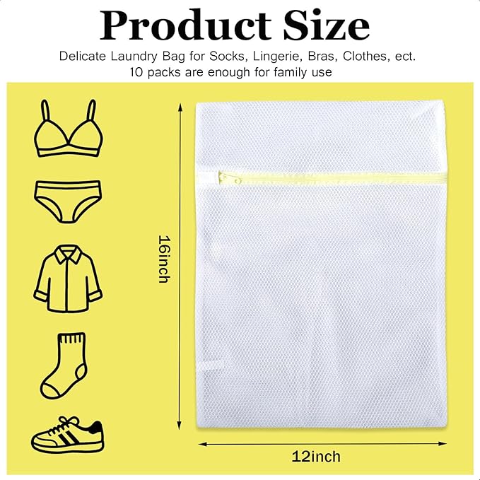 Mesh Laundry Bags for Washing Machine - 10 Pack (12x16 Inch), Double-layer Delicates Wash Protector for Lingerie Clothes