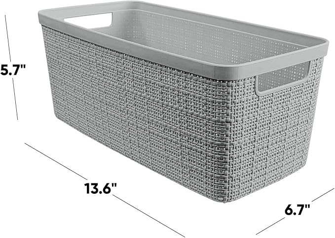 Curver Set of 8 Slim 6.8L Jute Decorative Plastic Organization and Storage Baskets - Perfect Bins for Home Office, Closet Shelves, Kitchen Pantry and All Bedroom Essentials, Grey
