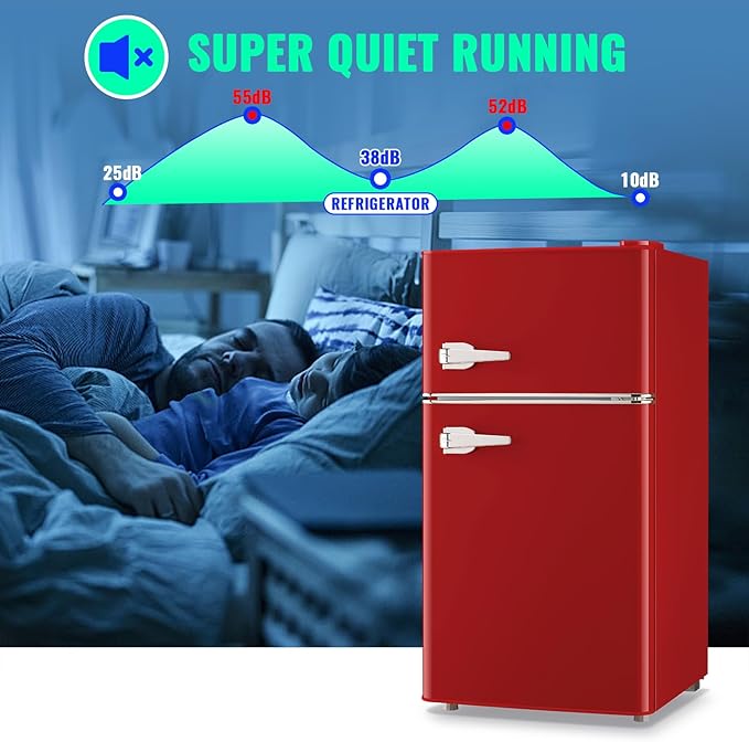 3.5 Cu.ft Refrigerator with Freezer Double Door Red Fridge Adjustable Glass Shelves, Plastic Crisper,7 Level Temperature Control Fridge for Dorm, Office, Apartment