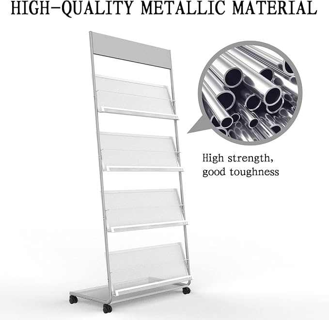 TONGMO Floor-Standing Magazine Rack 4-Layer with Wheels, Brochure Display Stand, High-hardness metal for Exhibitions, Office, and Any Organization Requiring Information Display (Silver)