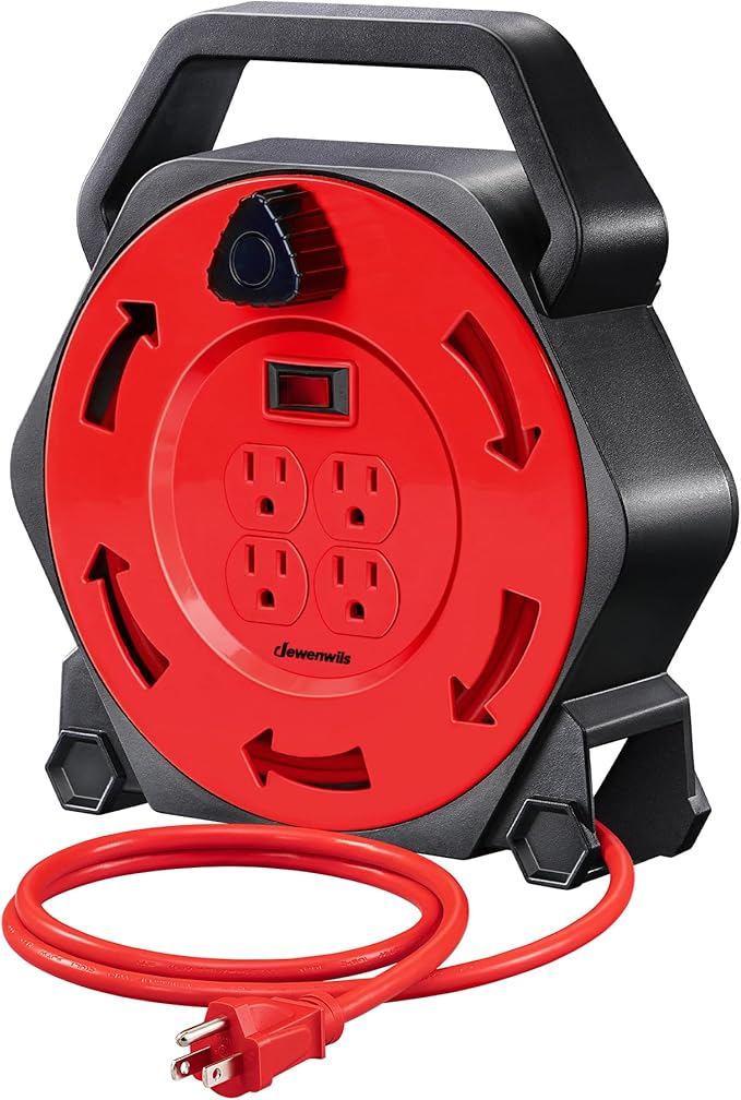 DEWENWILS Extension Cord Reel with 25 FT Power Cord, Hand Wind Retractable, 16/3 AWG SJTW, 4 Grounded Outlets, 13 Amp Circuit Breaker, Red, Red Cord, UL Listed