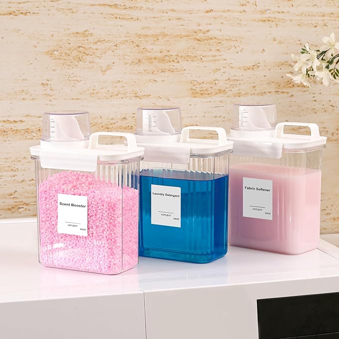 Liquid Laundry Detergent Dispenser 64OZ, Laundry Soap Dispenser, Clear Plastic Fabric Softener Holder and Container, Laundry Room Organization and Storage, 3 Pack