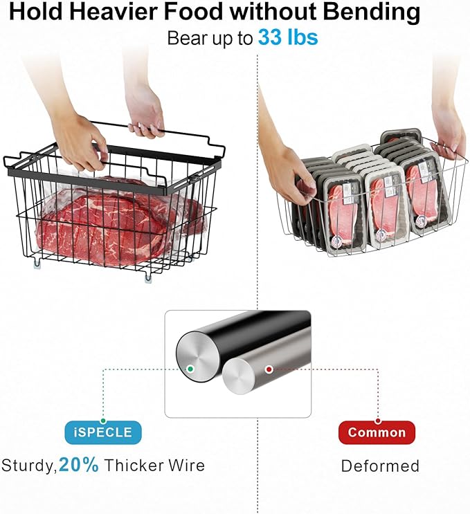 iSPECLE Freezer Organizer Bins - 2 Pcs Hanging Baskets for Deep Freezer, Adjustable Wider & Deeper Chest Freezer Organizer Bins for 5 to 9 Cu Ft, Extra Large & Easy Organize, Black
