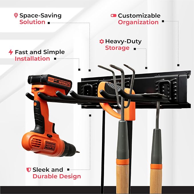 TIDYME Garage Tool Organizer Wall Mount - 80 inches - Sturdy Storage Rack with Adjustable Hooks, Anti-Rust - Easy Installation, 500lbs Capacity - Garden Tool Organizer (05 Racks & 10 Hooks)