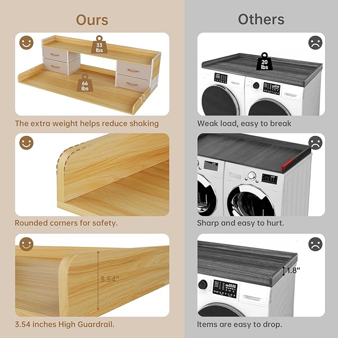 4 Drawers Washer Dryer Countertop with Shelf, 27.5" D x 54" W Laundry Topper with 3.54" High Guardrails and Non-Slip Pads,Extra Storage Organizer for Over Washer and Dryer, Holds 66 Lbs,Light Oak