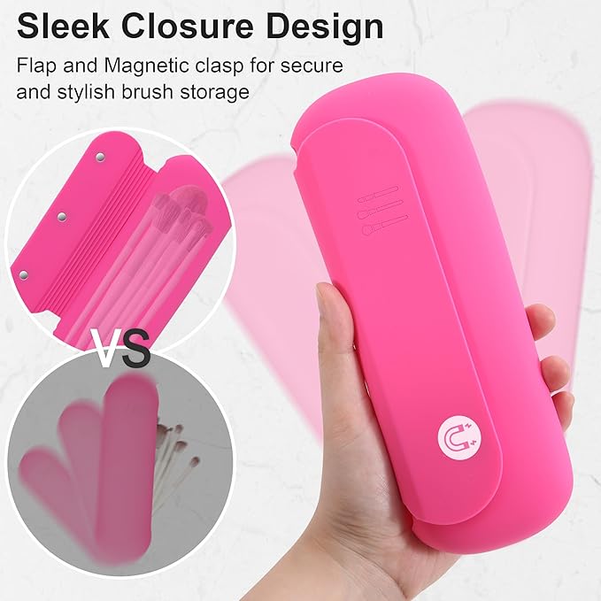 Silicone Travel Makeup Brush Holder for Women with Magnetic Closure and Built-in Brush Cleaner, Washable Cosmetic Organizer, Gift-Ready Pouch, Rose Red