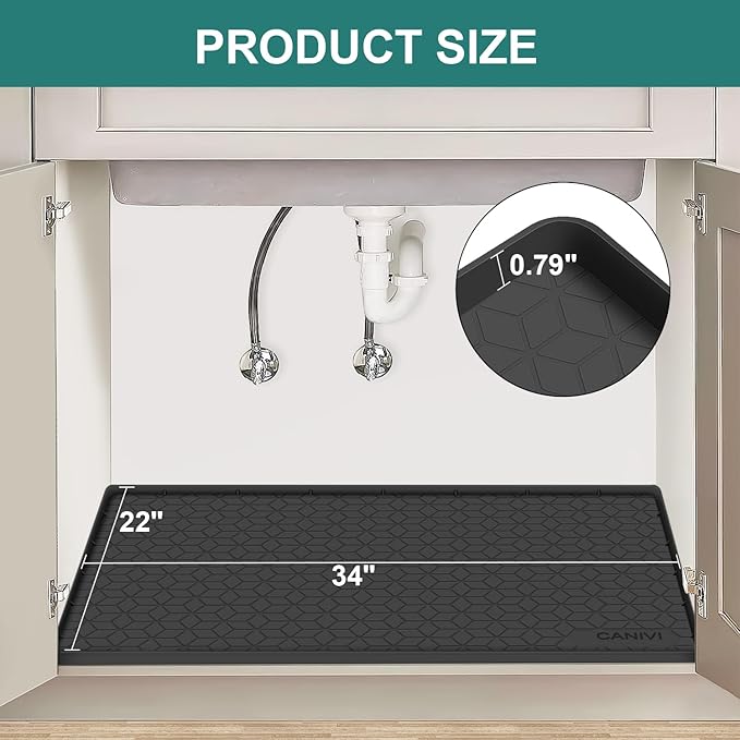 Under Sink Mat, 34" x 22" Waterproof Silicone Under Sink Tray for Kitchen & Laundry Cabinets, Kitchen Cabinet Shelf Protector, Up to 3.3 Gallons Liquid, Fits 36 inch Standard Cabinet(Grey)