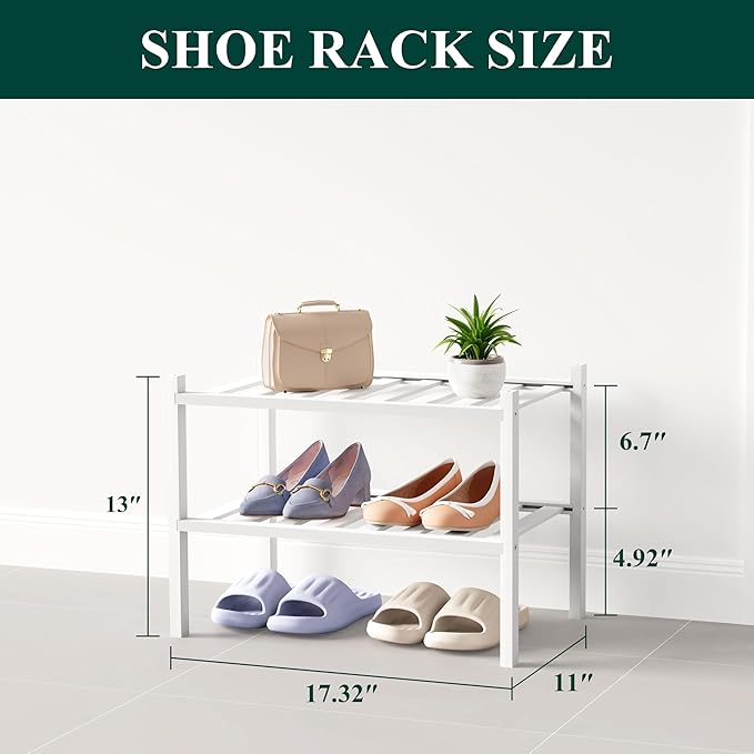 Smiry Bamboo Shoe Rack for Closet, 2 Tier Small Wooden Stackable Shoe Organizer, Free Standing Shoes Storage Shelf for Entryway, Front Door Entrance, White