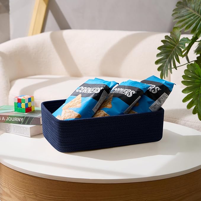 Large Shallow Organizing Baskets 15x11x5.1 Inches - Rope Woven Storage Bins for Bathroom, Shelves, Cube Closet, Navy Blue 3 Packs